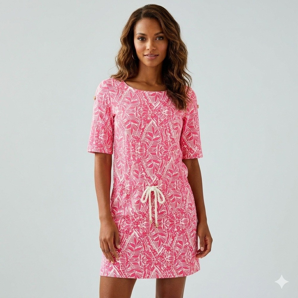 Lilly Pulitzer Pink Giraffe Print Drawstring T-Shirt Spring Dress Womens M Short